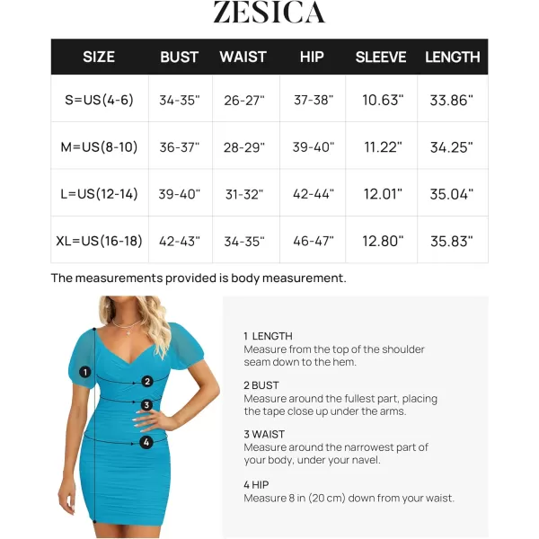 imageZESICA Womens 2023 Summer Ruched Bodycon Mini Dress Sexy V Neck Puff Sleeve Cocktail Wedding Party Short DressesLake
