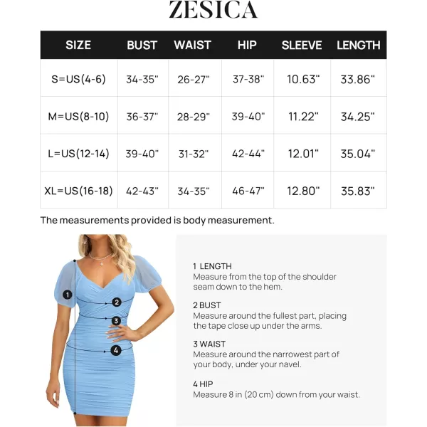 imageZESICA Womens 2023 Summer Ruched Bodycon Mini Dress Sexy V Neck Puff Sleeve Cocktail Wedding Party Short DressesLightblue