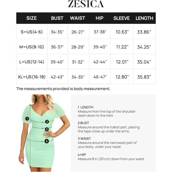 imageZESICA Womens 2023 Summer Ruched Bodycon Mini Dress Sexy V Neck Puff Sleeve Cocktail Wedding Party Short DressesLightgreen