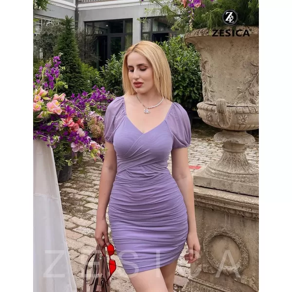 imageZESICA Womens 2023 Summer Ruched Bodycon Mini Dress Sexy V Neck Puff Sleeve Cocktail Wedding Party Short DressesPurple