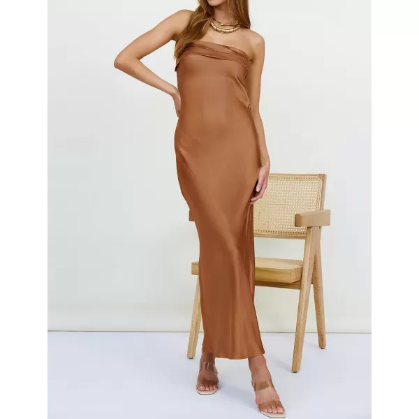 imageZESICA Womens 2023 Summer Satin Strapless Dress Sexy Backless Bodycon Wedding Cocktail Party Maxi DressesBrown