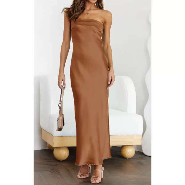 imageZESICA Womens 2023 Summer Satin Strapless Dress Sexy Backless Bodycon Wedding Cocktail Party Maxi DressesBrown
