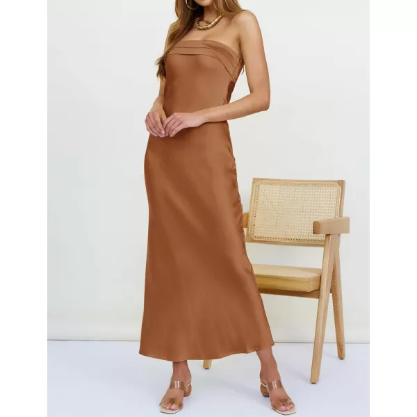 imageZESICA Womens 2023 Summer Satin Strapless Dress Sexy Backless Bodycon Wedding Cocktail Party Maxi DressesBrown