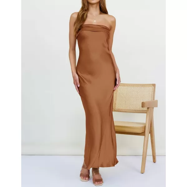 imageZESICA Womens 2023 Summer Satin Strapless Dress Sexy Backless Bodycon Wedding Cocktail Party Maxi DressesBrown