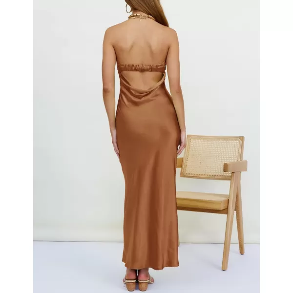 imageZESICA Womens 2023 Summer Satin Strapless Dress Sexy Backless Bodycon Wedding Cocktail Party Maxi DressesBrown