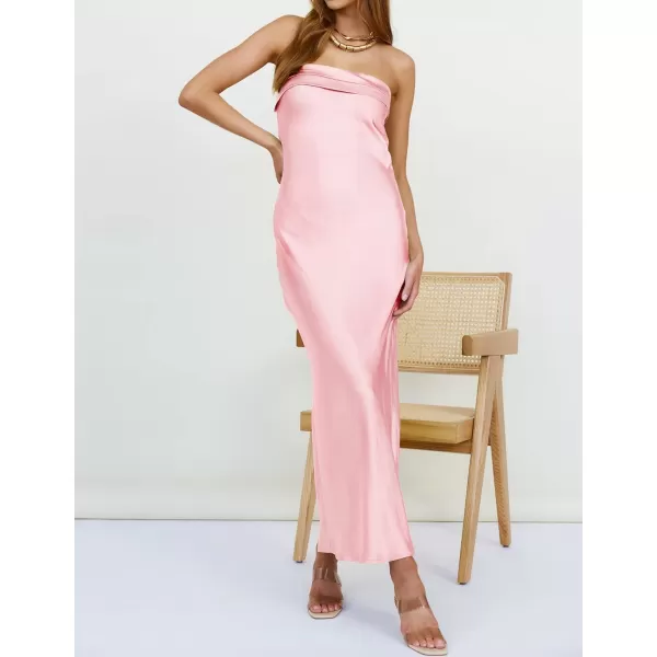 imageZESICA Womens 2023 Summer Satin Strapless Dress Sexy Backless Bodycon Wedding Cocktail Party Maxi DressesLightpink