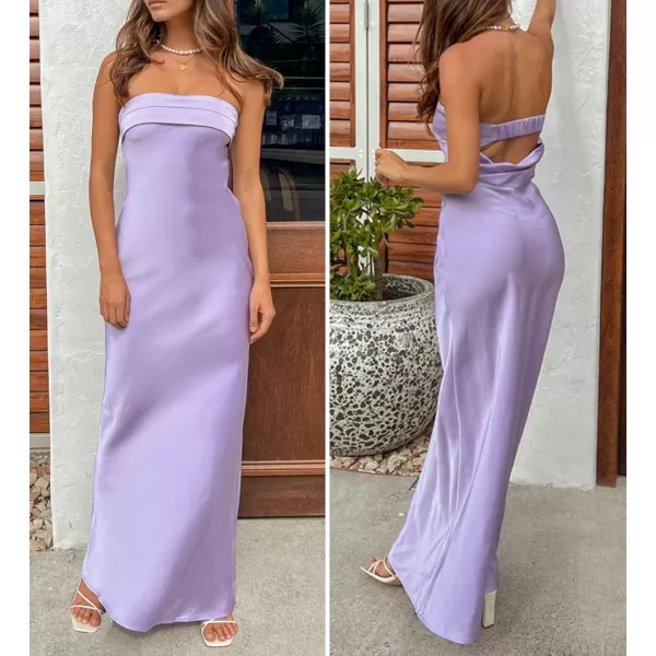imageZESICA Womens 2023 Summer Satin Strapless Dress Sexy Backless Bodycon Wedding Cocktail Party Maxi DressesPurple
