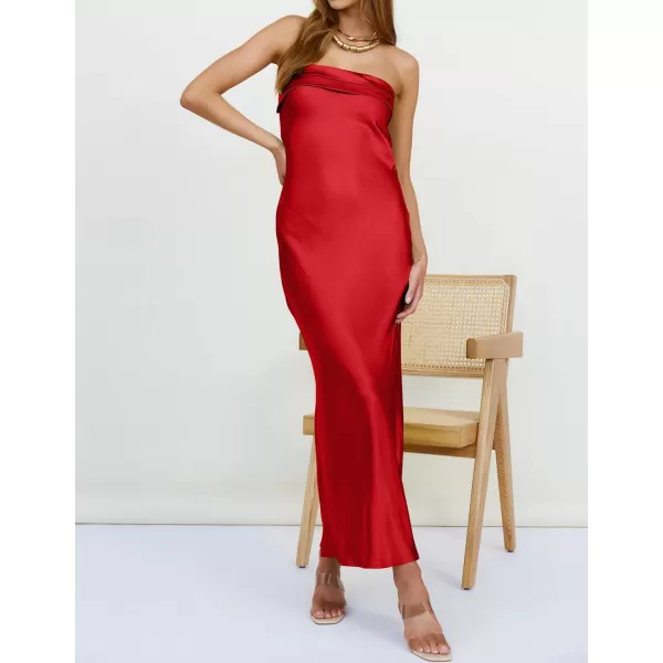 imageZESICA Womens 2023 Summer Satin Strapless Dress Sexy Backless Bodycon Wedding Cocktail Party Maxi DressesRed