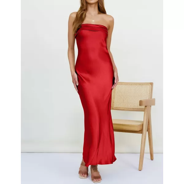 imageZESICA Womens 2023 Summer Satin Strapless Dress Sexy Backless Bodycon Wedding Cocktail Party Maxi DressesRed