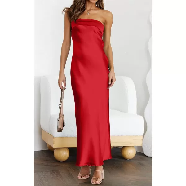 imageZESICA Womens 2023 Summer Satin Strapless Dress Sexy Backless Bodycon Wedding Cocktail Party Maxi DressesRed