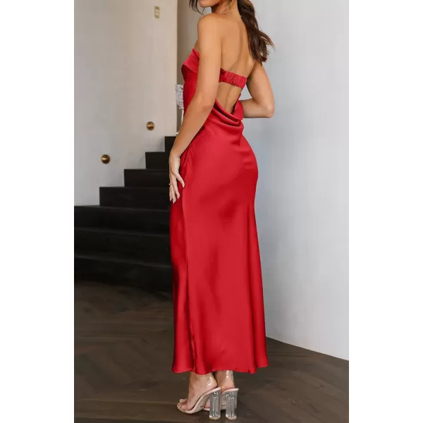 imageZESICA Womens 2023 Summer Satin Strapless Dress Sexy Backless Bodycon Wedding Cocktail Party Maxi DressesRed