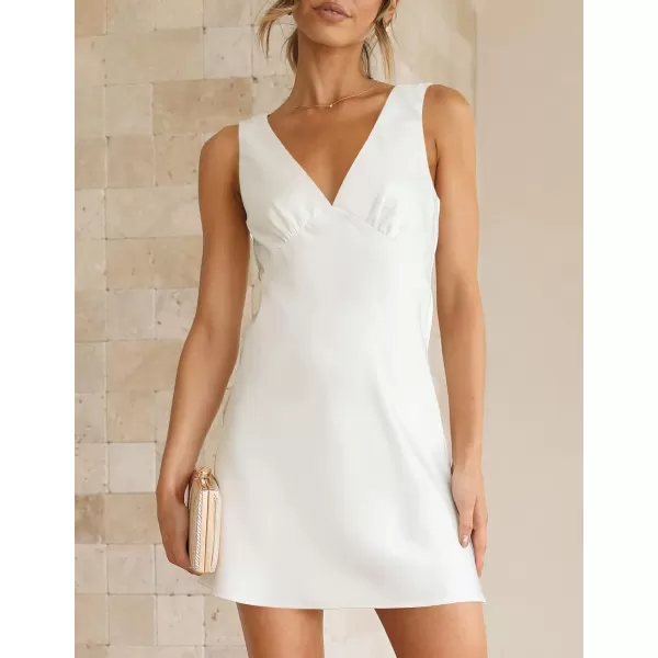 imageZESICA Womens 2023 Summer Satin V Neck Sleeveless Backless Tie Waist Silky Cocktail Club Party Mini DressCream