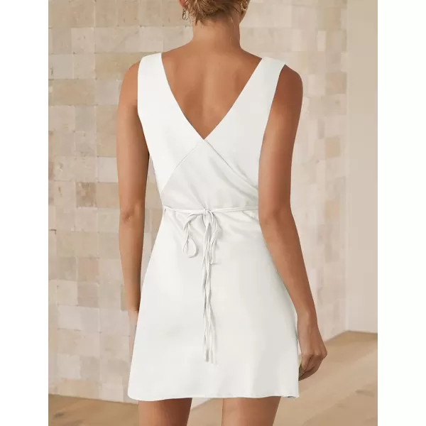 imageZESICA Womens 2023 Summer Satin V Neck Sleeveless Backless Tie Waist Silky Cocktail Club Party Mini DressCream