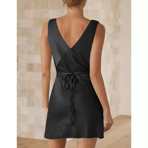 imageZESICA Womens 2023 Summer Satin V Neck Sleeveless Backless Tie Waist Silky Cocktail Club Party Mini DressDarkblack