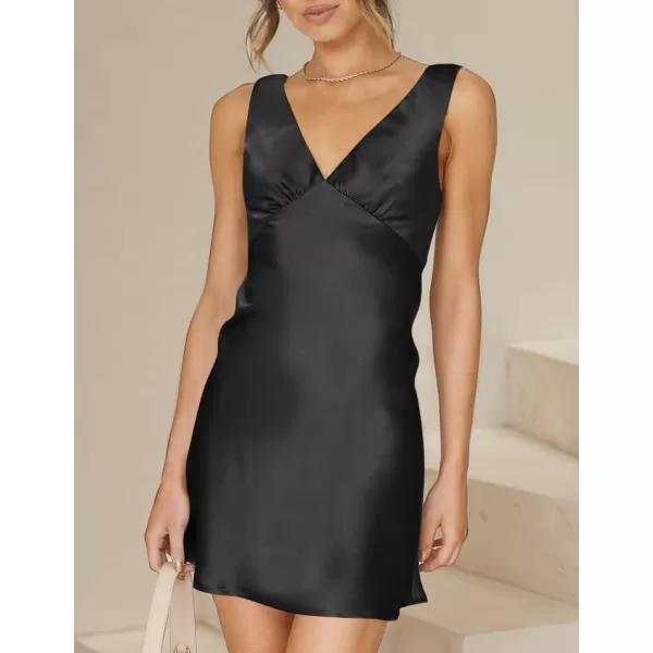 imageZESICA Womens 2023 Summer Satin V Neck Sleeveless Backless Tie Waist Silky Cocktail Club Party Mini DressDarkblack