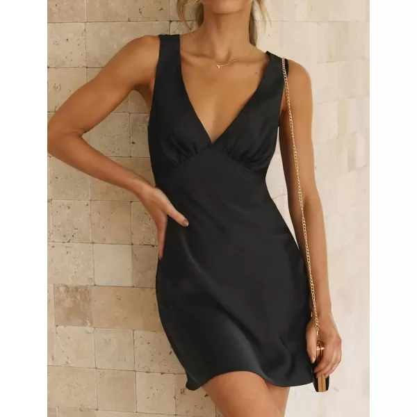 imageZESICA Womens 2023 Summer Satin V Neck Sleeveless Backless Tie Waist Silky Cocktail Club Party Mini DressDarkblack