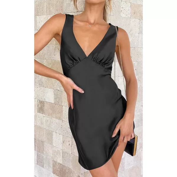 imageZESICA Womens 2023 Summer Satin V Neck Sleeveless Backless Tie Waist Silky Cocktail Club Party Mini DressDarkblack