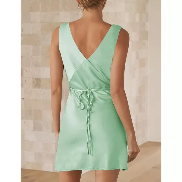 imageZESICA Womens 2023 Summer Satin V Neck Sleeveless Backless Tie Waist Silky Cocktail Club Party Mini DressLightgreen