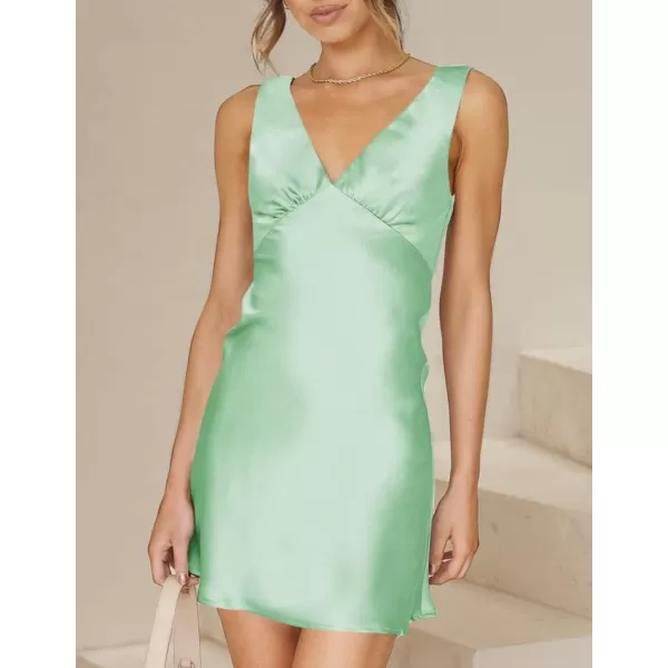 imageZESICA Womens 2023 Summer Satin V Neck Sleeveless Backless Tie Waist Silky Cocktail Club Party Mini DressLightgreen
