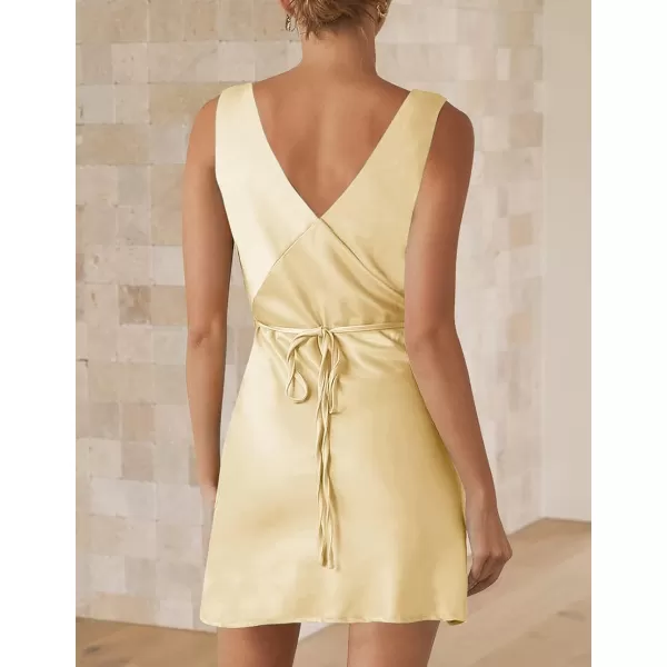 imageZESICA Womens 2023 Summer Satin V Neck Sleeveless Backless Tie Waist Silky Cocktail Club Party Mini DressLightyellow