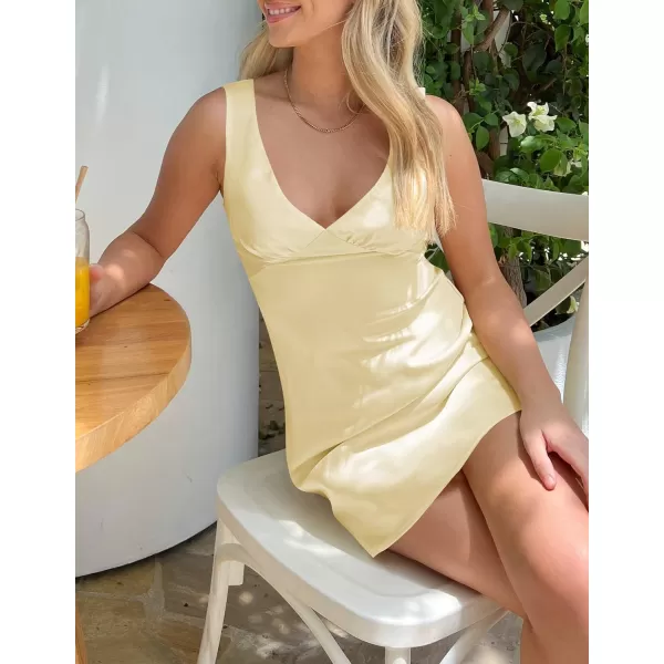 imageZESICA Womens 2023 Summer Satin V Neck Sleeveless Backless Tie Waist Silky Cocktail Club Party Mini DressLightyellow