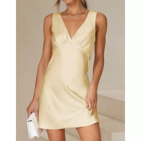 imageZESICA Womens 2023 Summer Satin V Neck Sleeveless Backless Tie Waist Silky Cocktail Club Party Mini DressLightyellow
