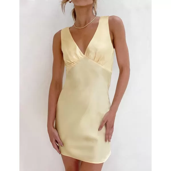 imageZESICA Womens 2023 Summer Satin V Neck Sleeveless Backless Tie Waist Silky Cocktail Club Party Mini DressLightyellow