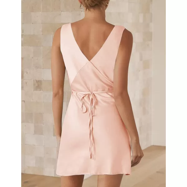 imageZESICA Womens 2023 Summer Satin V Neck Sleeveless Backless Tie Waist Silky Cocktail Club Party Mini DressPink