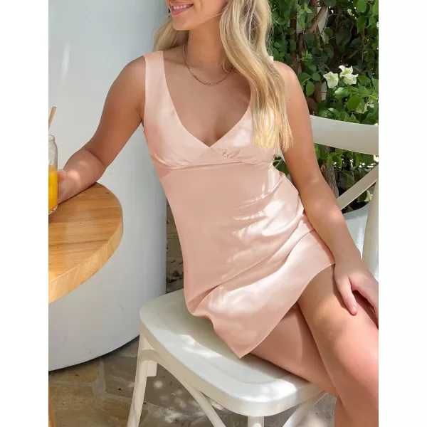imageZESICA Womens 2023 Summer Satin V Neck Sleeveless Backless Tie Waist Silky Cocktail Club Party Mini DressPink