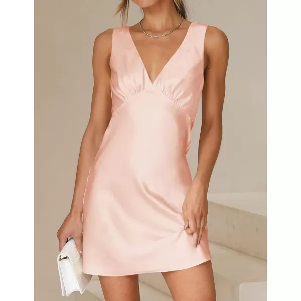 imageZESICA Womens 2023 Summer Satin V Neck Sleeveless Backless Tie Waist Silky Cocktail Club Party Mini DressPink