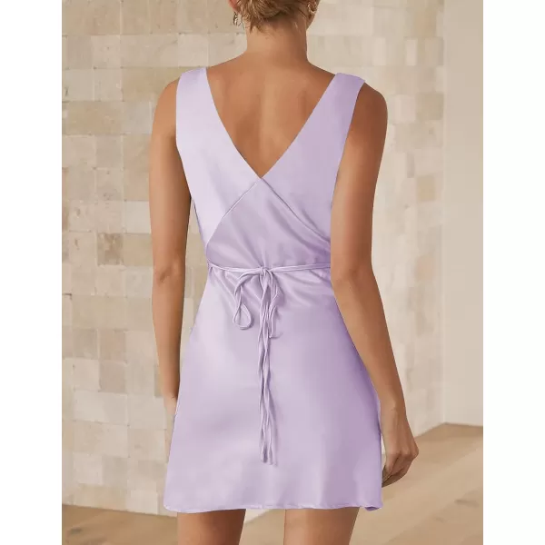 imageZESICA Womens 2023 Summer Satin V Neck Sleeveless Backless Tie Waist Silky Cocktail Club Party Mini DressPurple