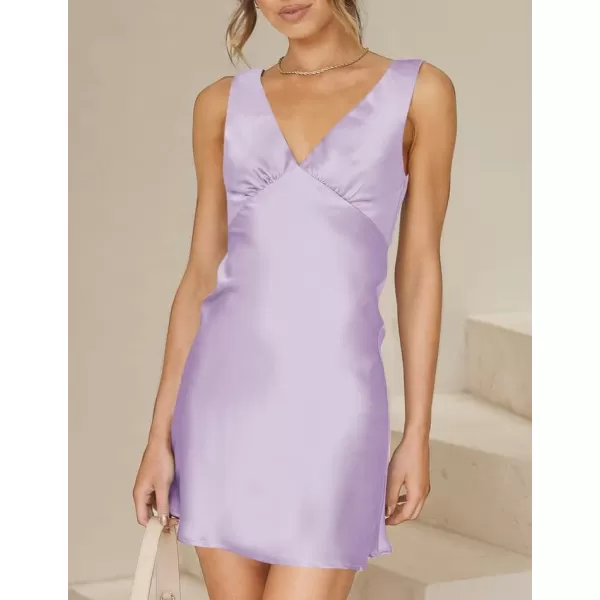 imageZESICA Womens 2023 Summer Satin V Neck Sleeveless Backless Tie Waist Silky Cocktail Club Party Mini DressPurple