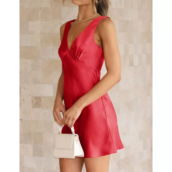 imageZESICA Womens 2023 Summer Satin V Neck Sleeveless Backless Tie Waist Silky Cocktail Club Party Mini DressRed
