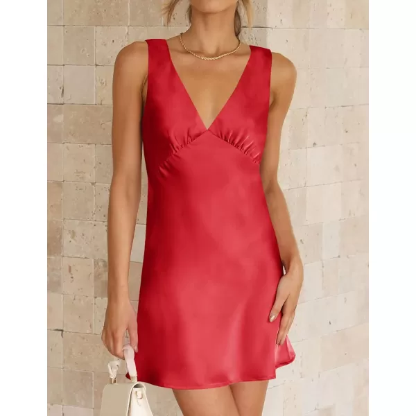 imageZESICA Womens 2023 Summer Satin V Neck Sleeveless Backless Tie Waist Silky Cocktail Club Party Mini DressRed