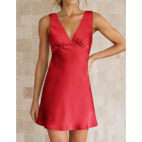 imageZESICA Womens 2023 Summer Satin V Neck Sleeveless Backless Tie Waist Silky Cocktail Club Party Mini DressRed