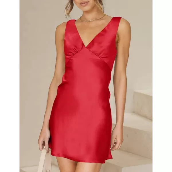 imageZESICA Womens 2023 Summer Satin V Neck Sleeveless Backless Tie Waist Silky Cocktail Club Party Mini DressRed