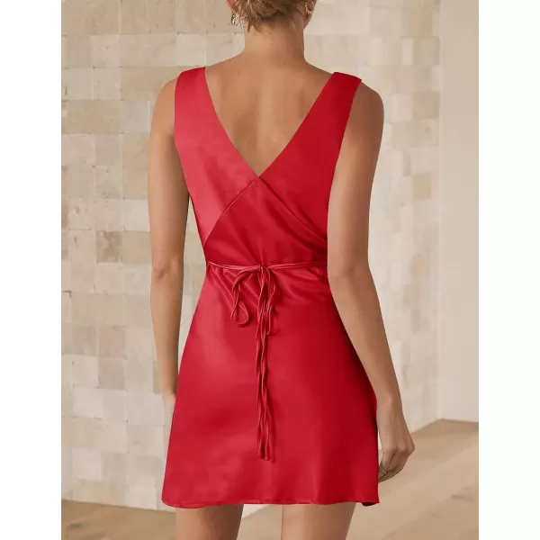 imageZESICA Womens 2023 Summer Satin V Neck Sleeveless Backless Tie Waist Silky Cocktail Club Party Mini DressRed