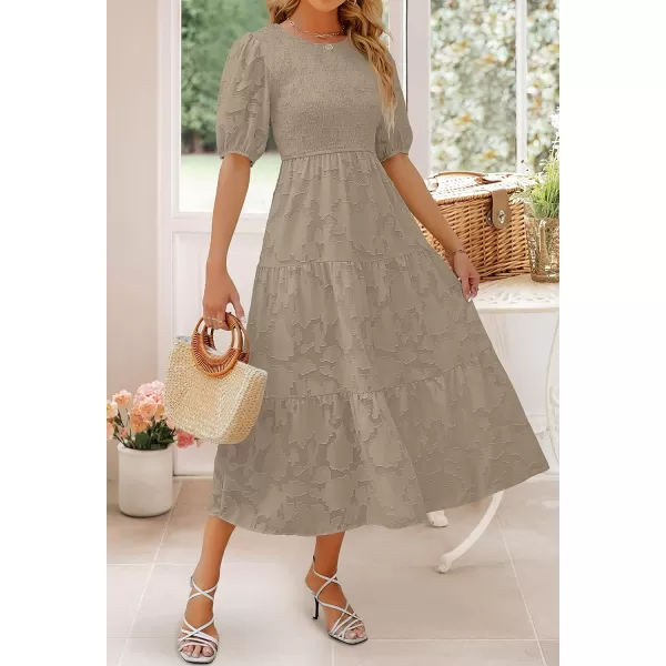imageZESICA Womens 2023 Summer Short Puff Sleeve Crewneck Smocked Floral Lace Flowy A Line Tiered Midi DressesAlmond
