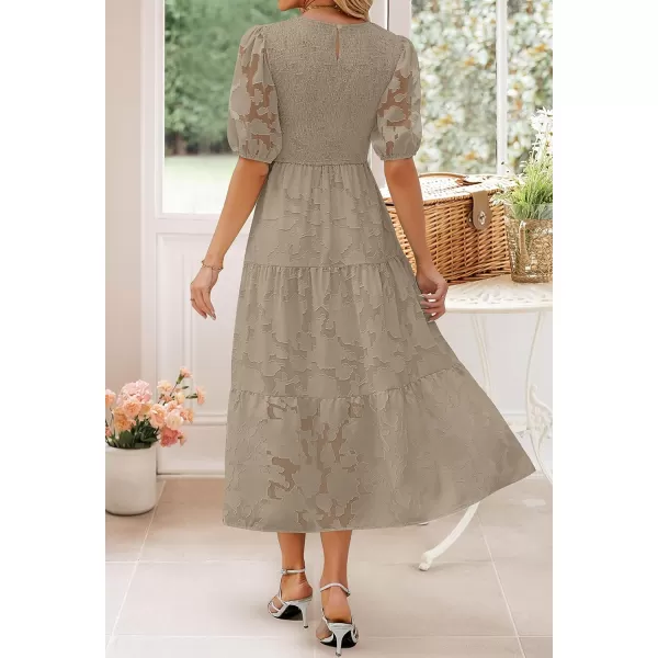 imageZESICA Womens 2023 Summer Short Puff Sleeve Crewneck Smocked Floral Lace Flowy A Line Tiered Midi DressesAlmond