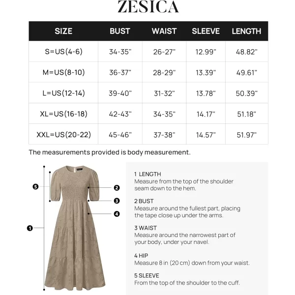 imageZESICA Womens 2023 Summer Short Puff Sleeve Crewneck Smocked Floral Lace Flowy A Line Tiered Midi DressesAlmond