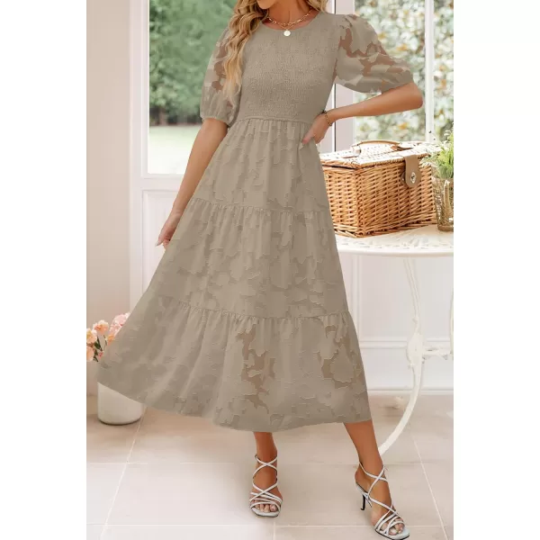 imageZESICA Womens 2023 Summer Short Puff Sleeve Crewneck Smocked Floral Lace Flowy A Line Tiered Midi DressesAlmond