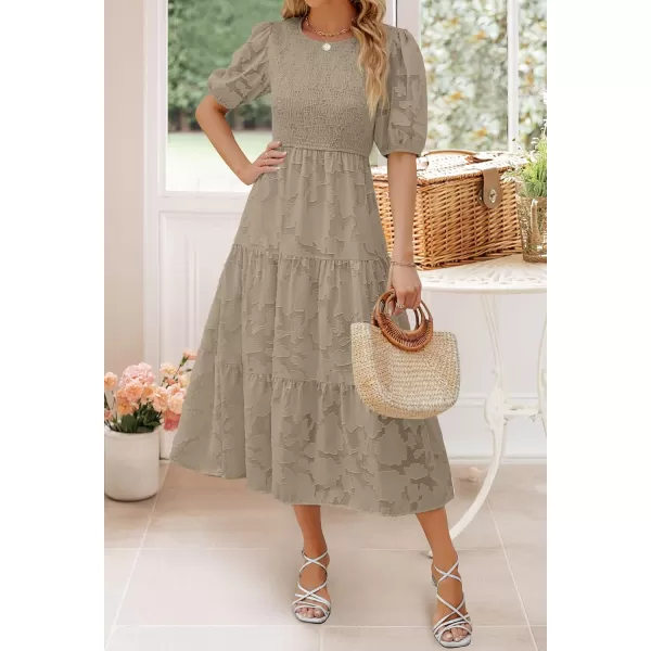 imageZESICA Womens 2023 Summer Short Puff Sleeve Crewneck Smocked Floral Lace Flowy A Line Tiered Midi DressesAlmond