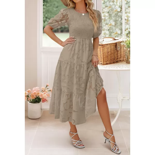 imageZESICA Womens 2023 Summer Short Puff Sleeve Crewneck Smocked Floral Lace Flowy A Line Tiered Midi DressesAlmond