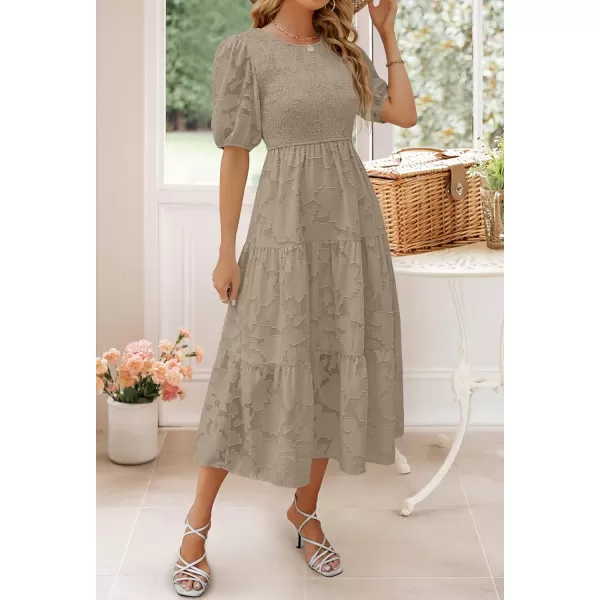 imageZESICA Womens 2023 Summer Short Puff Sleeve Crewneck Smocked Floral Lace Flowy A Line Tiered Midi DressesAlmond