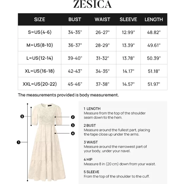 imageZESICA Womens 2023 Summer Short Puff Sleeve Crewneck Smocked Floral Lace Flowy A Line Tiered Midi DressesBeige