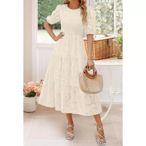 imageZESICA Womens 2023 Summer Short Puff Sleeve Crewneck Smocked Floral Lace Flowy A Line Tiered Midi DressesBeige