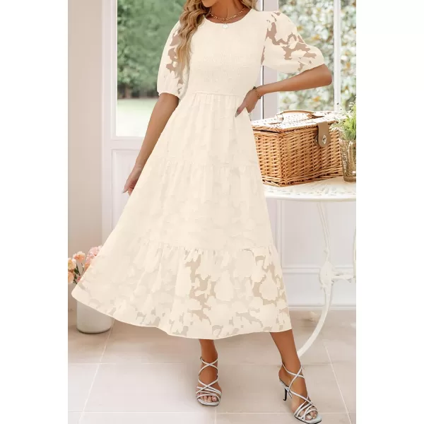 imageZESICA Womens 2023 Summer Short Puff Sleeve Crewneck Smocked Floral Lace Flowy A Line Tiered Midi DressesBeige