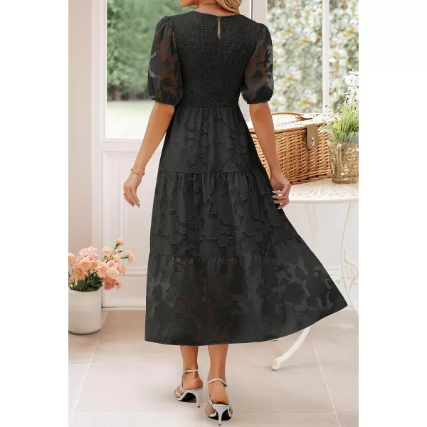 imageZESICA Womens 2023 Summer Short Puff Sleeve Crewneck Smocked Floral Lace Flowy A Line Tiered Midi DressesBlack