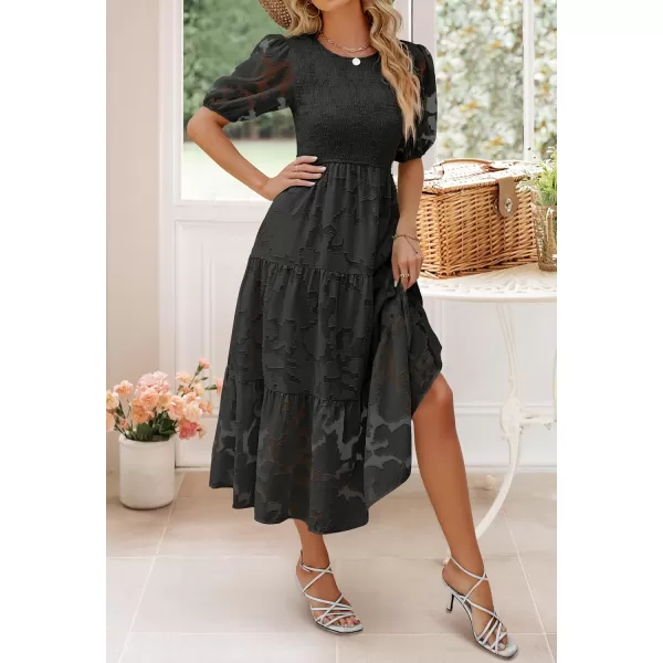 imageZESICA Womens 2023 Summer Short Puff Sleeve Crewneck Smocked Floral Lace Flowy A Line Tiered Midi DressesBlack