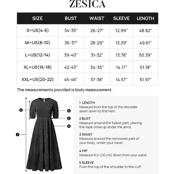 imageZESICA Womens 2023 Summer Short Puff Sleeve Crewneck Smocked Floral Lace Flowy A Line Tiered Midi DressesBlack
